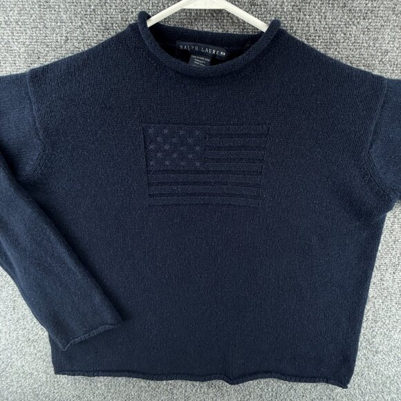 Ralph Lauren Cashmere Wool Blend Flag Sweater Navy Blue Medium Pullover Knit USA - Picture 1 of 15